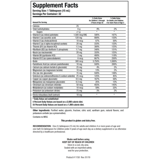 Aqueous Multi-Plus supplement facts label by Biotics Research showing the full spectrum of vitamins and minerals
