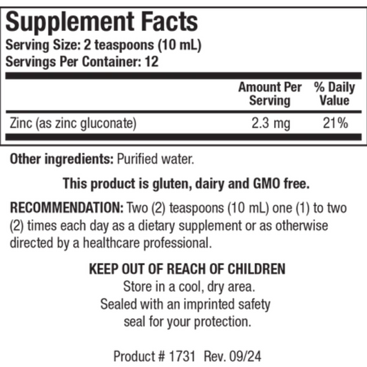 Aqueous Zinc supplement facts panel showing 2.3 mg of zinc per serving in a liquid format