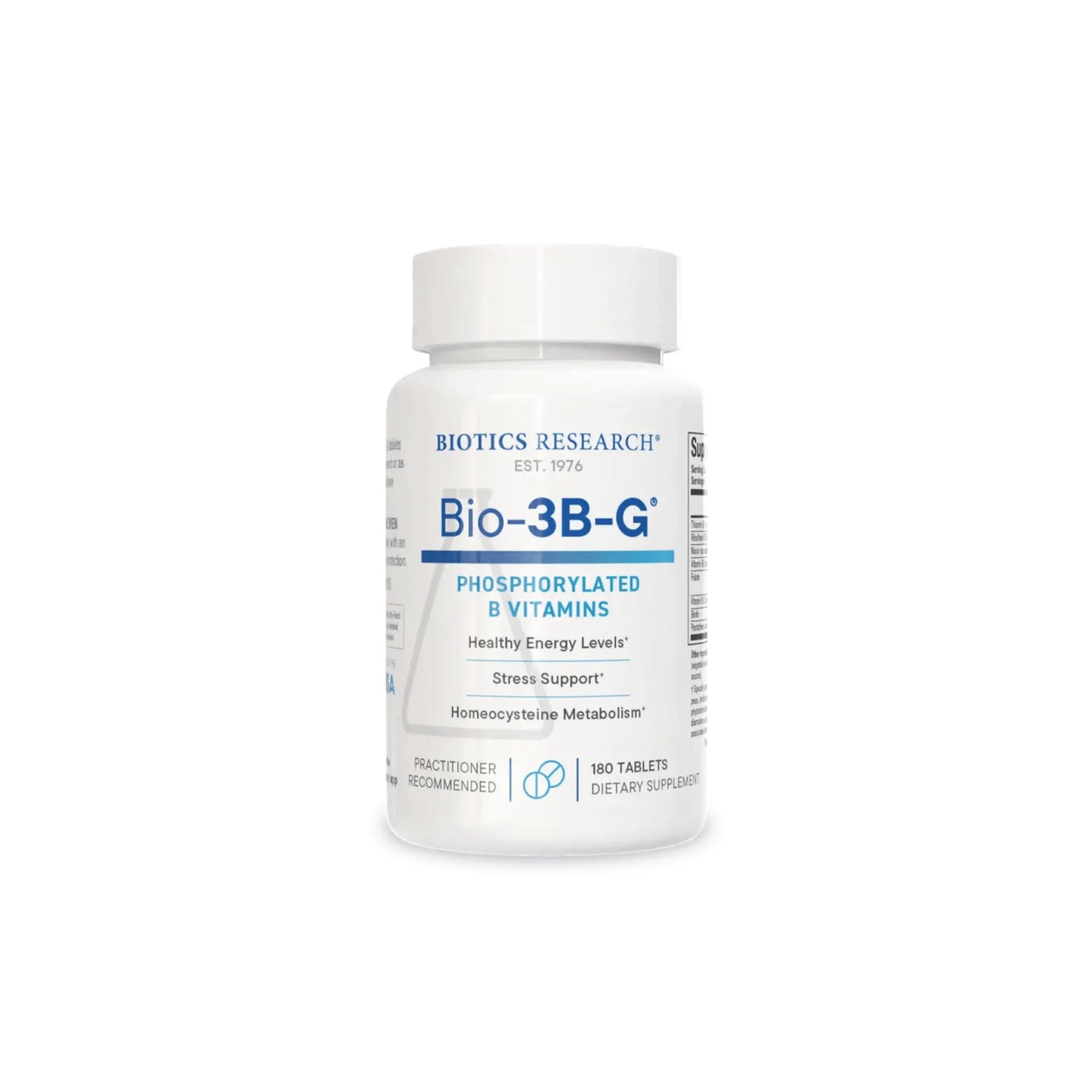 Front view of the Biotics Research Bio 3B G bottle showcasing the phosphorylated B complex formula for enhanced thiamin support