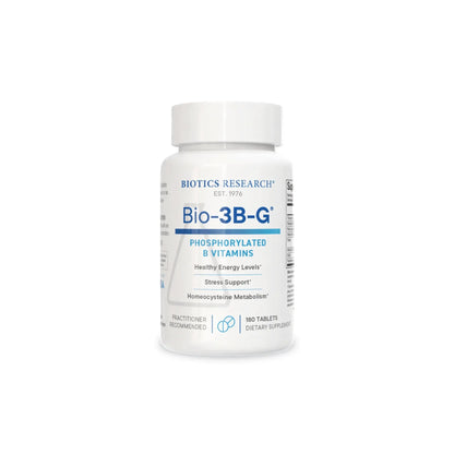 Front view of the Biotics Research Bio 3B G bottle showcasing the phosphorylated B complex formula for enhanced thiamin support