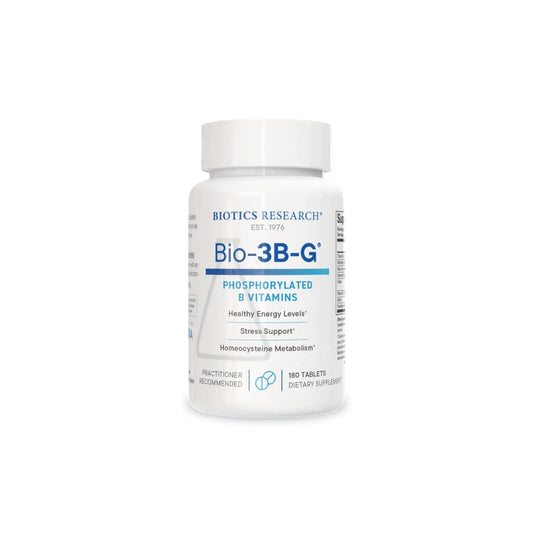 Front view of the Biotics Research Bio 3B G bottle showcasing the phosphorylated B complex formula for enhanced thiamin support