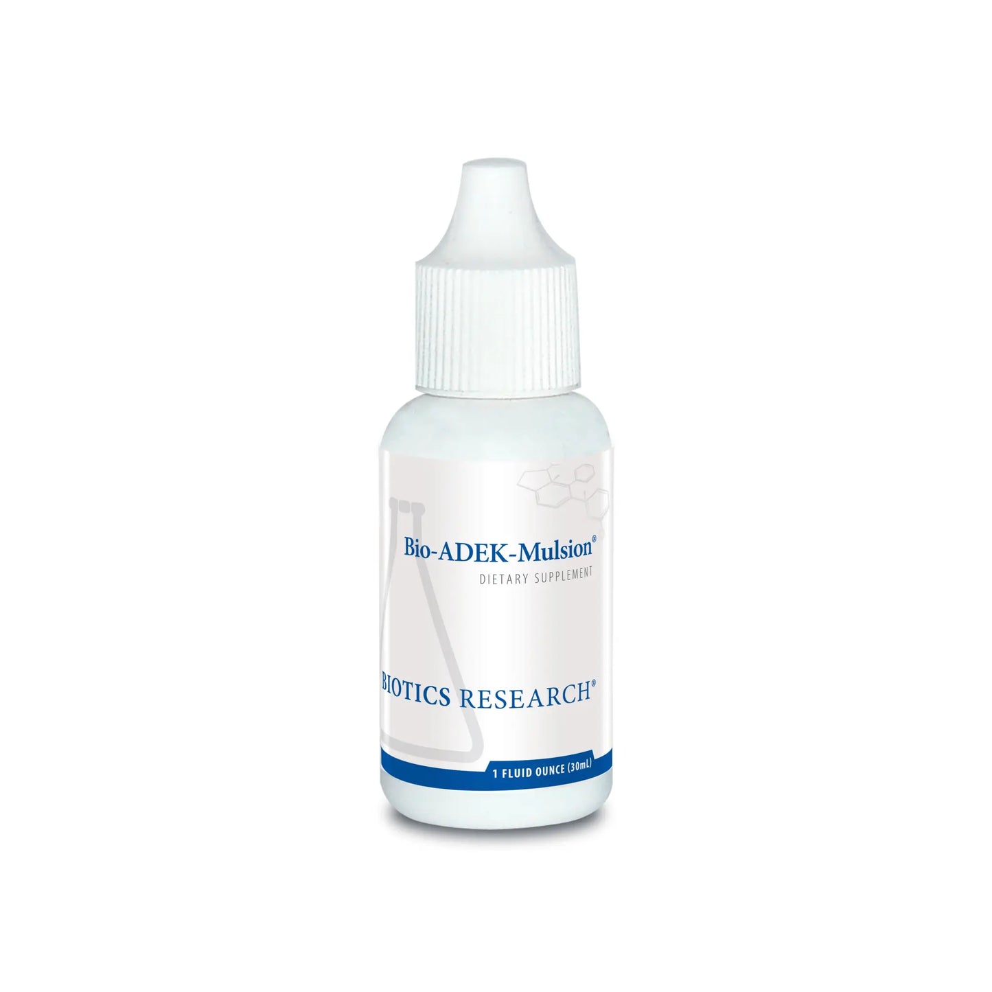 Front view of the Biotics Research Bio ADEK Mulsion liquid bottle featuring the micro emulsified fat soluble vitamin formula
