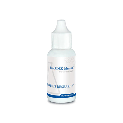Front view of the Biotics Research Bio ADEK Mulsion liquid bottle featuring the micro emulsified fat soluble vitamin formula