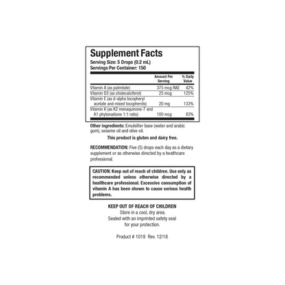 Close up of the Bio ADEK Mulsion supplement facts label detailing the exact units of vitamins A D3 E and K1 per drop