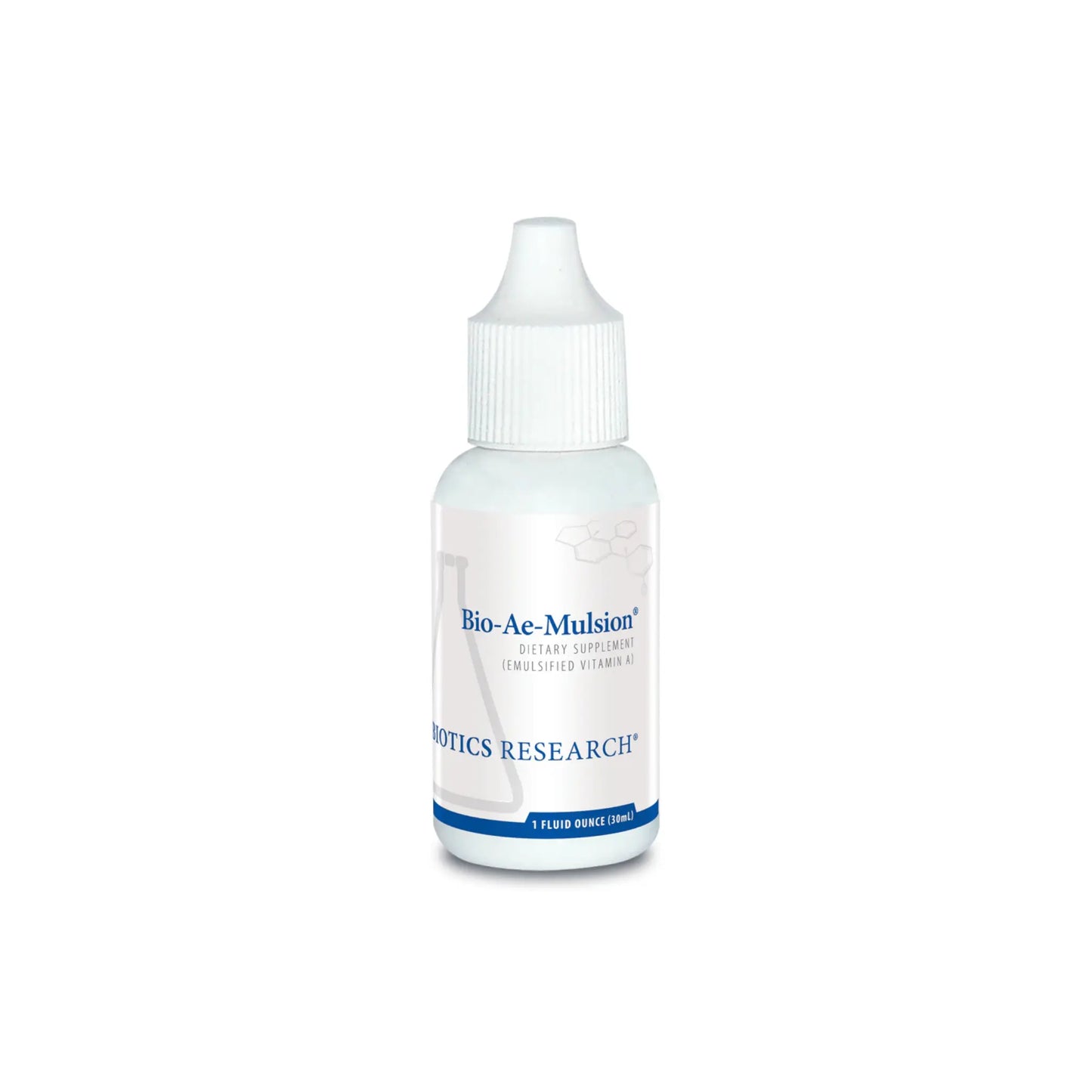 Front view of the Biotics Research Bio Ae Mulsion liquid drop bottle highlighting the emulsified vitamin A formula for optimal absorption
