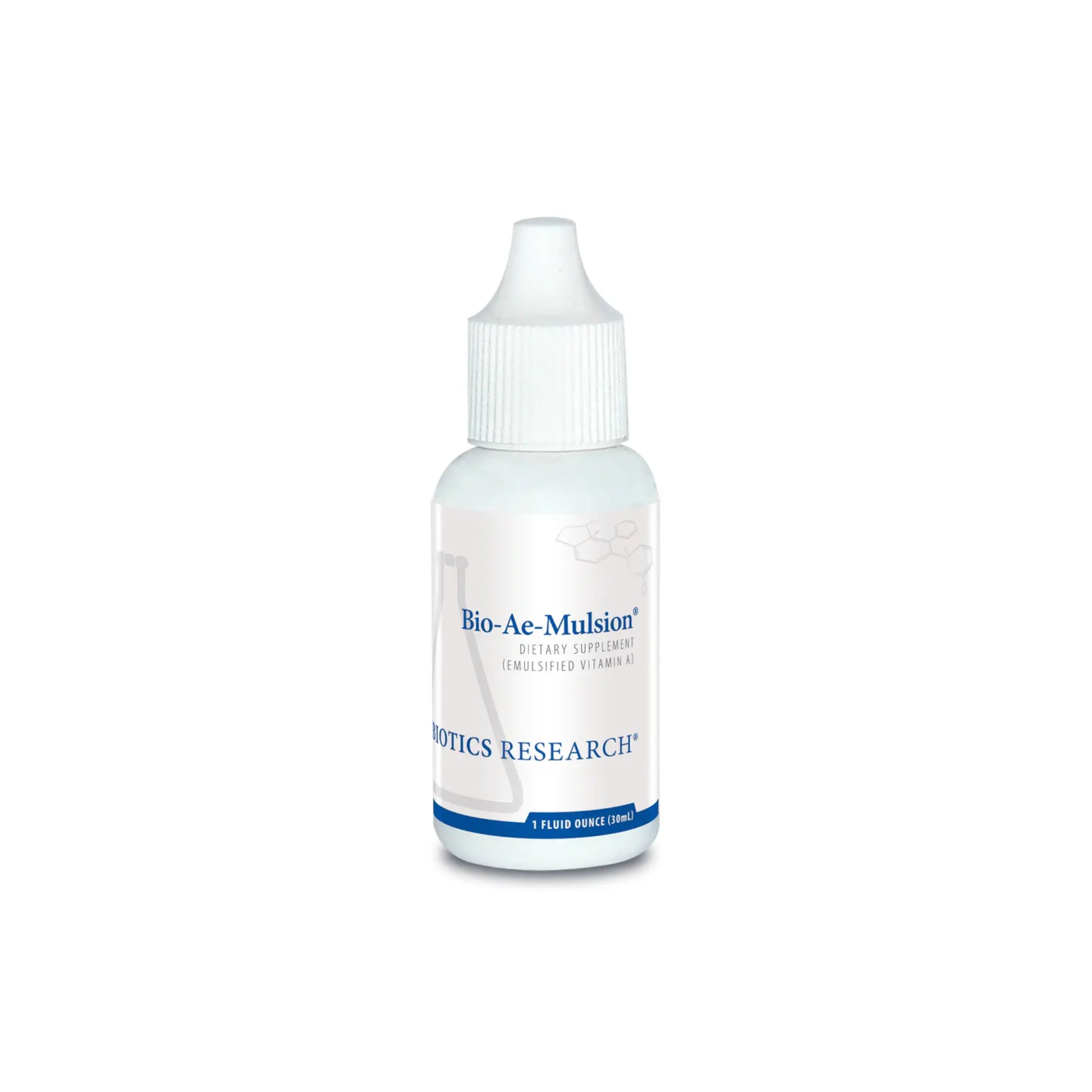 Front view of the Biotics Research Bio Ae Mulsion liquid drop bottle highlighting the emulsified vitamin A formula for optimal absorption