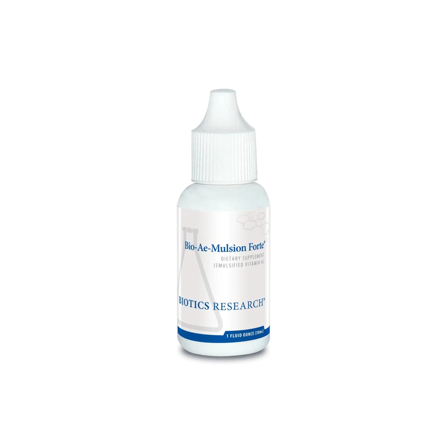 Front view of the Biotics Research Bio Ae Mulsion Forte liquid drop bottle highlighting the high potency emulsified vitamin A formula