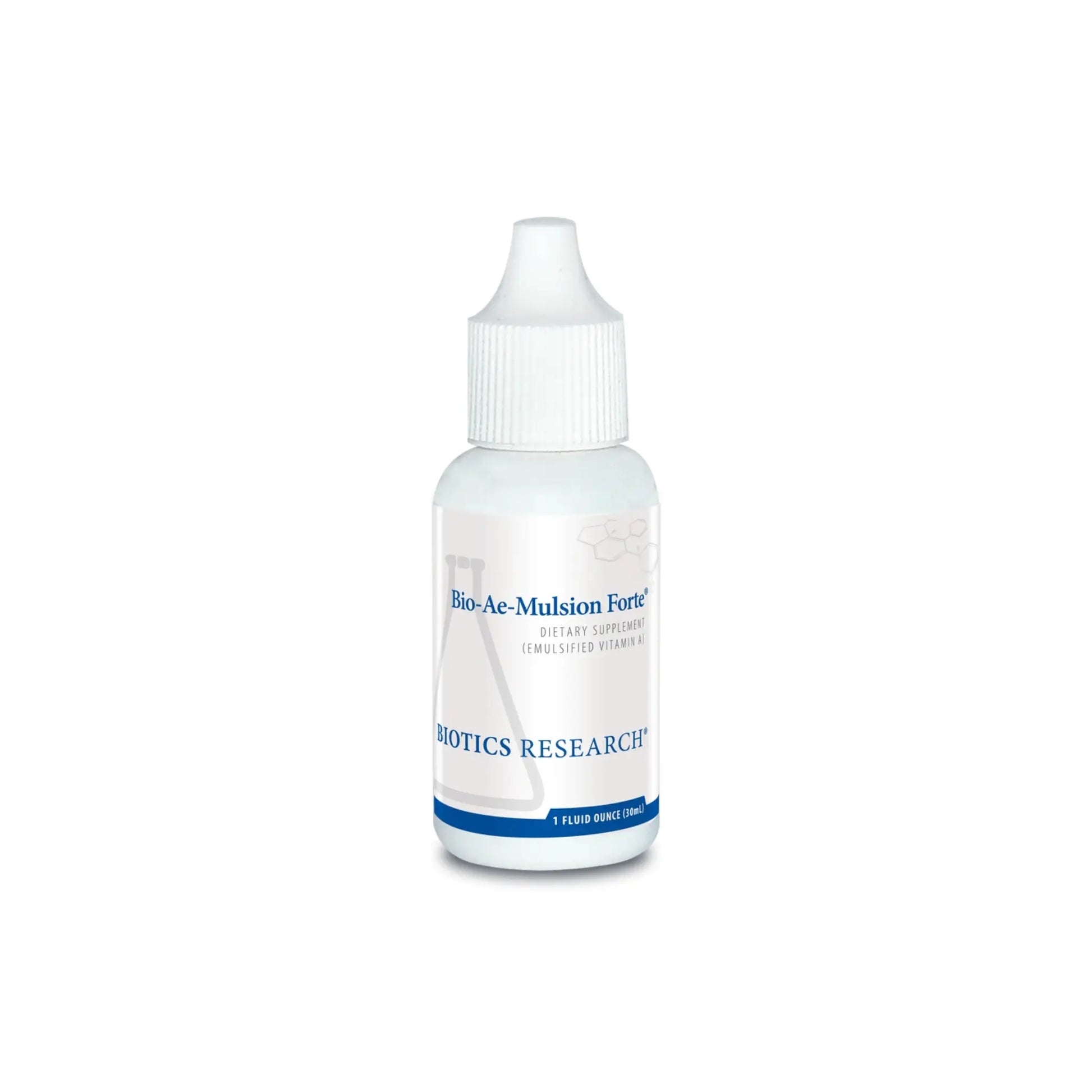 Front view of the Biotics Research Bio Ae Mulsion Forte liquid drop bottle highlighting the high potency emulsified vitamin A formula