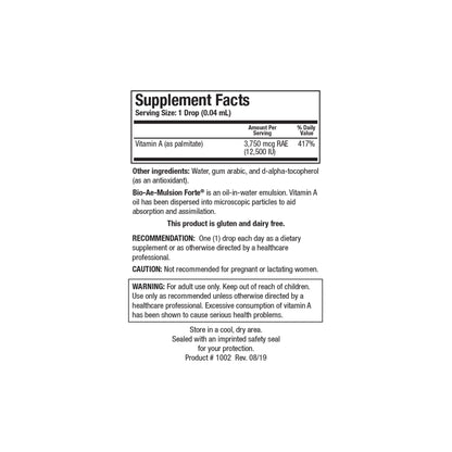 Close up of the Bio Ae Mulsion Forte supplement facts label detailing the twelve thousand five hundred IU of vitamin A as palmitate per drop