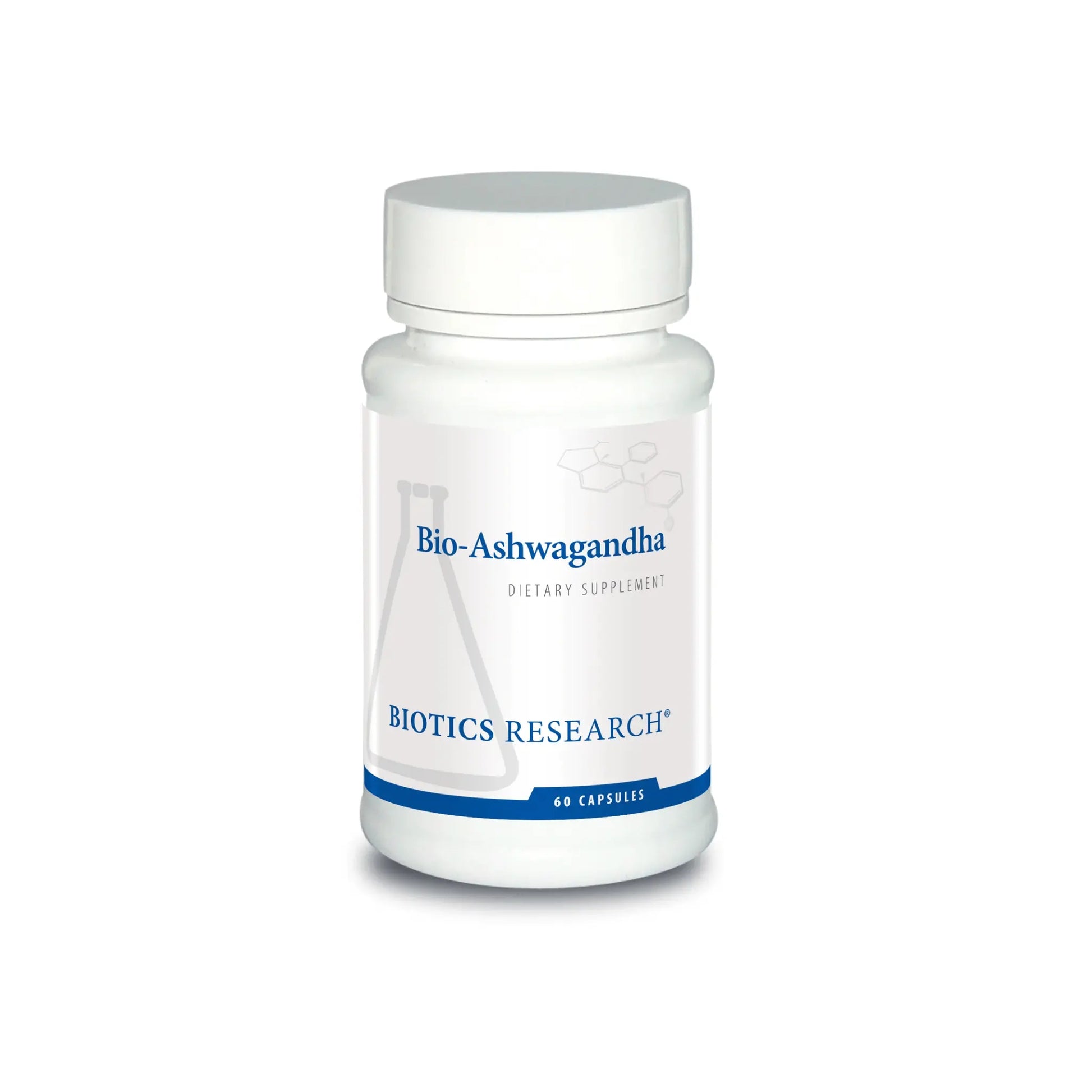 Front view of the Biotics Research Bio Ashwagandha bottle highlighting the standardized Sensoril adaptogenic stress formula