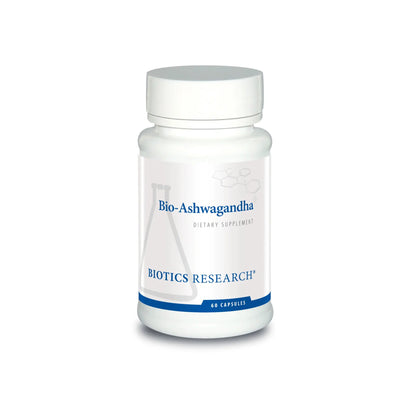 Front view of the Biotics Research Bio Ashwagandha bottle highlighting the standardized Sensoril adaptogenic stress formula