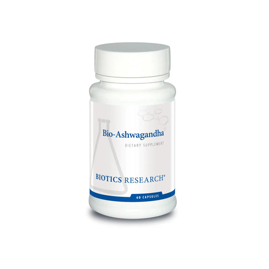 Front view of the Biotics Research Bio Ashwagandha bottle highlighting the standardized Sensoril adaptogenic stress formula