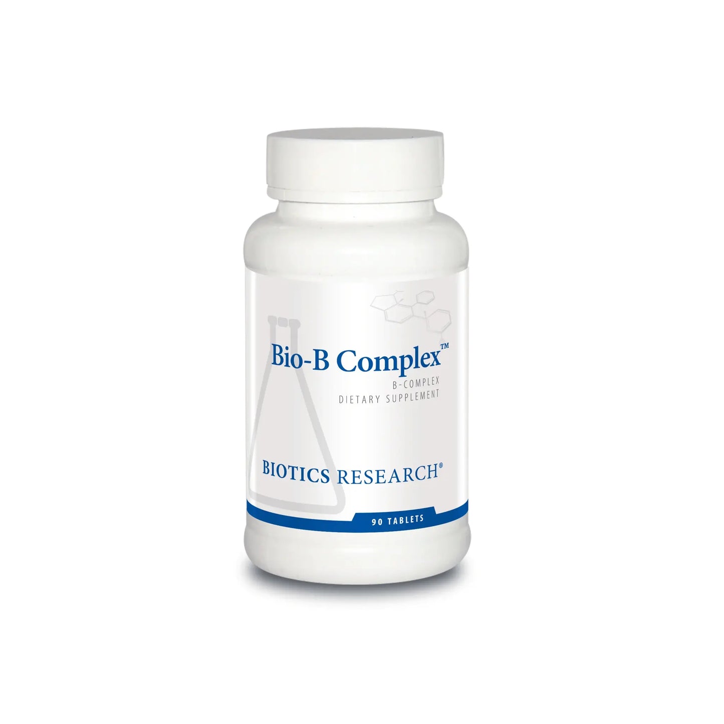 Front view of the Biotics Research Bio B Complex 90 tablets bottle showcasing the high potency B vitamin energy formula