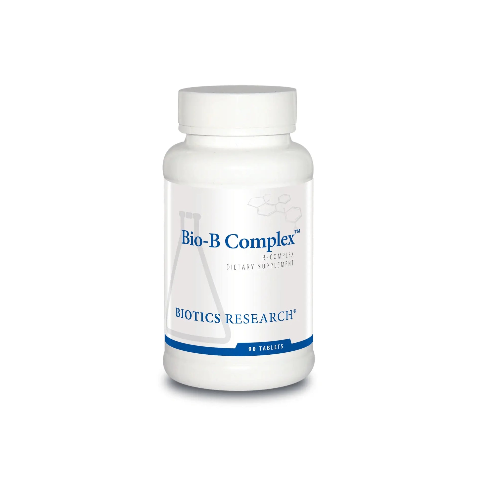 Front view of the Biotics Research Bio B Complex 90 tablets bottle showcasing the high potency B vitamin energy formula
