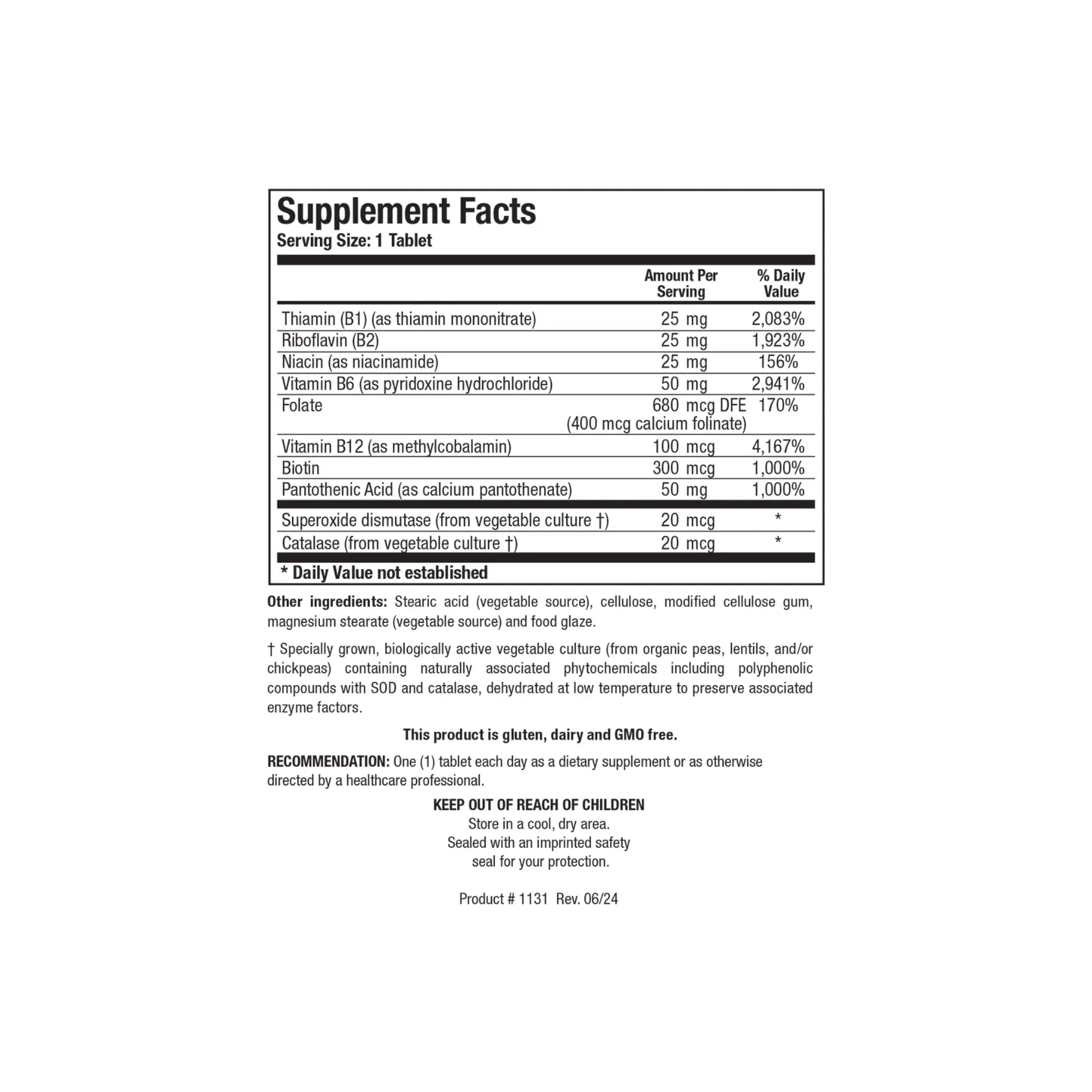 Close up of the Bio B Complex supplement facts label detailing the full spectrum B vitamins calcium folinate methylcobalamin superoxide dismutase and catalase