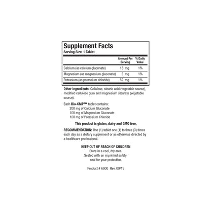 Close up of the Bio CMP supplement facts label detailing the calcium gluconate magnesium gluconate and potassium chloride milligram amounts per serving