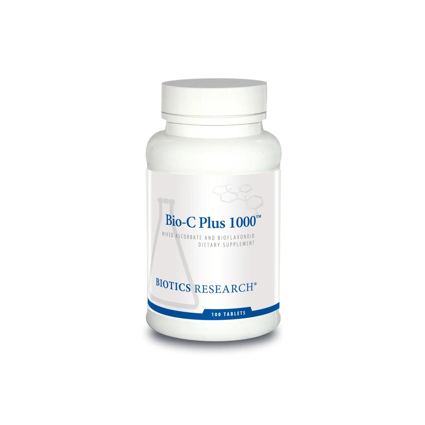 Front view of the Biotics Research Bio C Plus 1000 bottle highlighting the non acidic mineral ascorbate vitamin C formula
