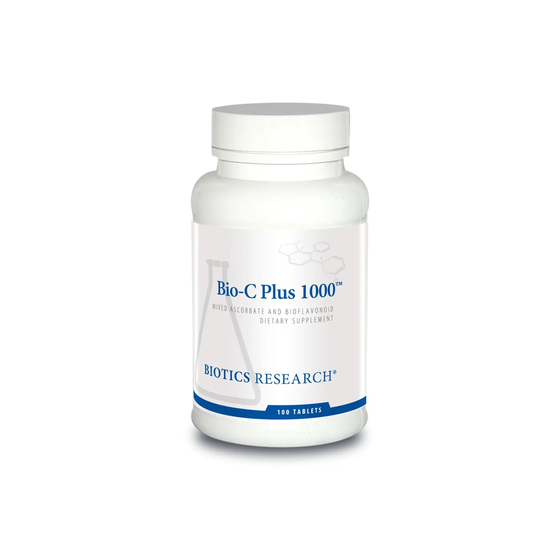 Front view of the Biotics Research Bio C Plus 1000 bottle highlighting the non acidic mineral ascorbate vitamin C formula