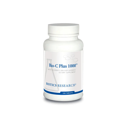 Front view of the Biotics Research Bio C Plus 1000 bottle highlighting the non acidic mineral ascorbate vitamin C formula