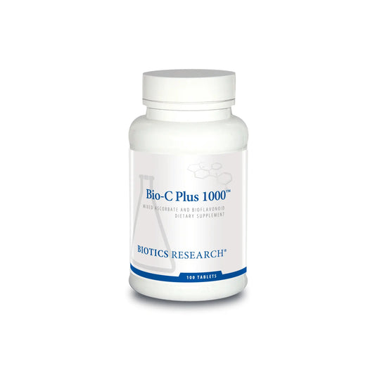 Front view of the Biotics Research Bio C Plus 1000 bottle highlighting the non acidic mineral ascorbate vitamin C formula