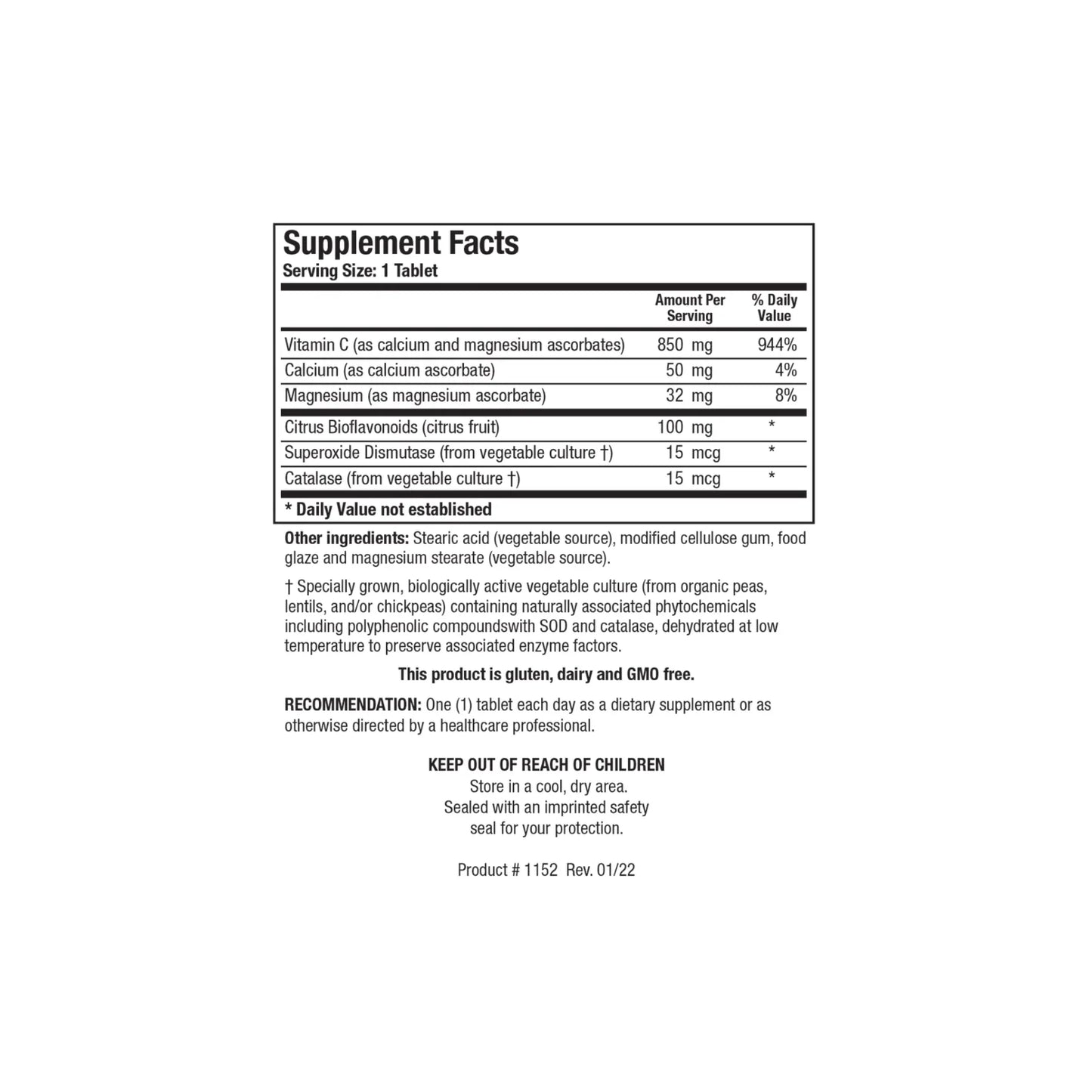 Close up of the Bio C Plus 1000 supplement facts label detailing the vitamin C as calcium and magnesium ascorbates citrus bioflavonoids superoxide dismutase and catalase