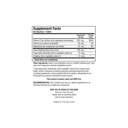Close up of the Bio C Plus 1000 supplement facts label detailing the vitamin C as calcium and magnesium ascorbates citrus bioflavonoids superoxide dismutase and catalase