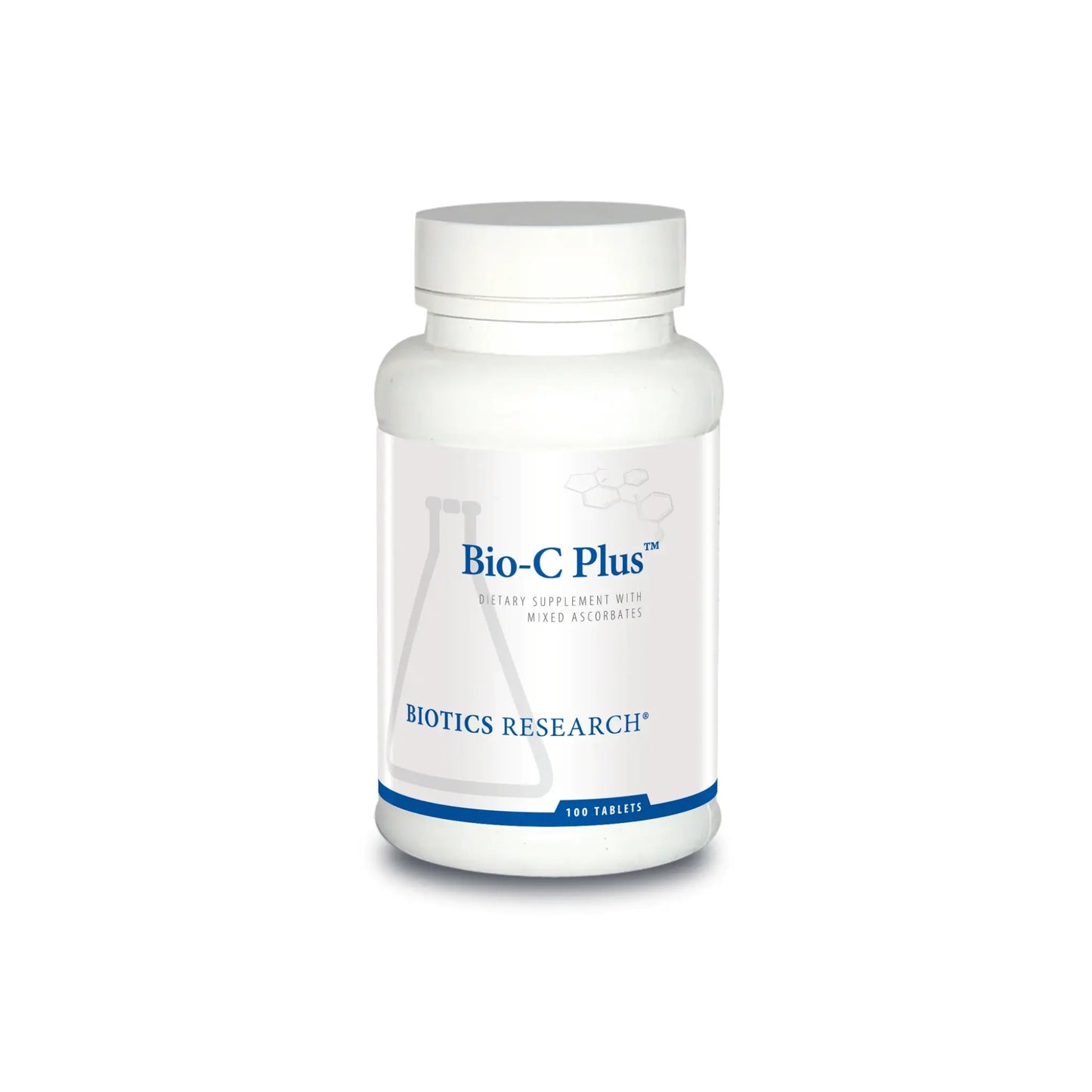 Front view of the Biotics Research Bio C Plus bottle showcasing the buffered vitamin C and bioflavonoid formula