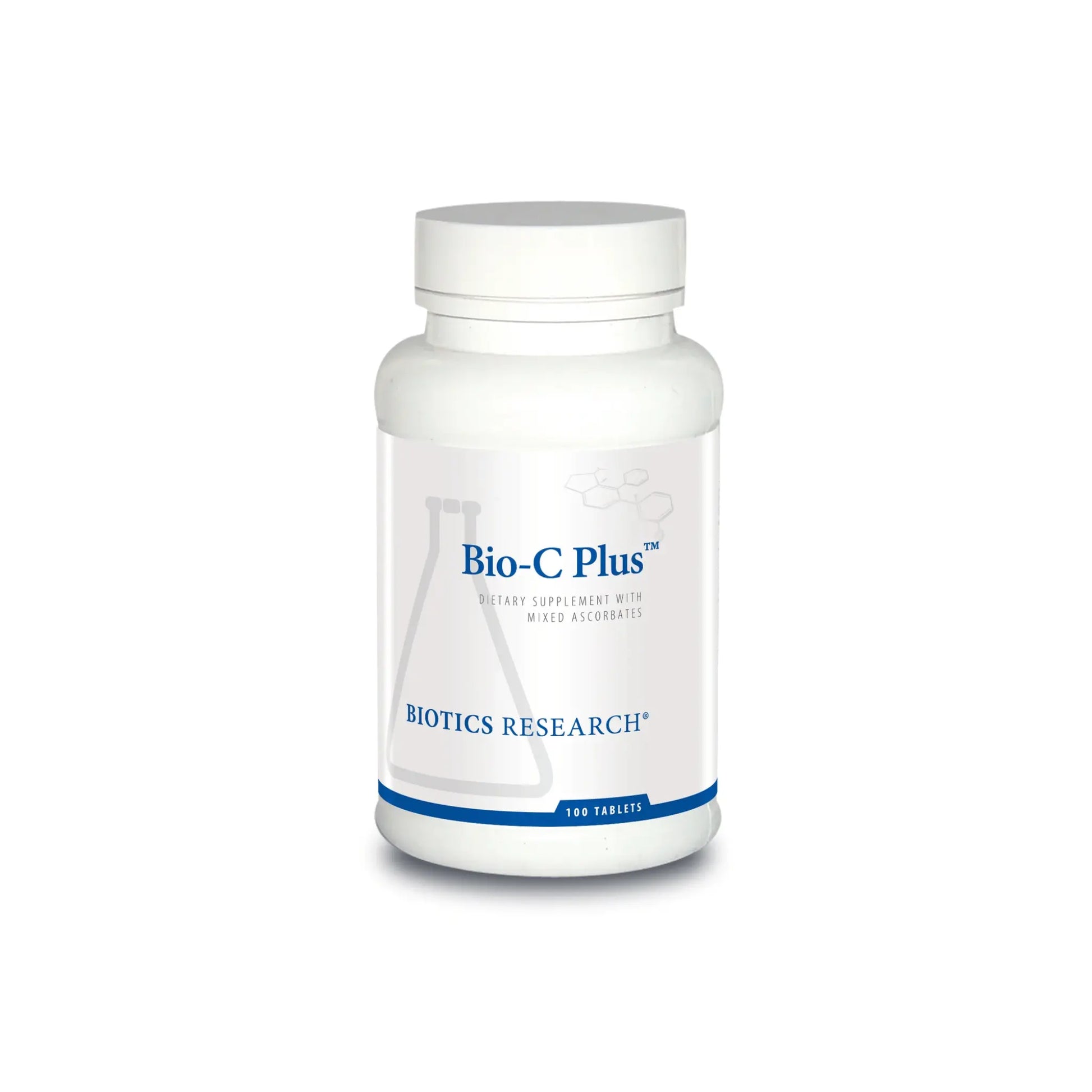 Front view of the Biotics Research Bio C Plus bottle showcasing the buffered vitamin C and bioflavonoid formula