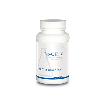Front view of the Biotics Research Bio C Plus bottle showcasing the buffered vitamin C and bioflavonoid formula