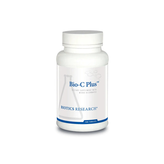Front view of the Biotics Research Bio C Plus bottle showcasing the buffered vitamin C and bioflavonoid formula
