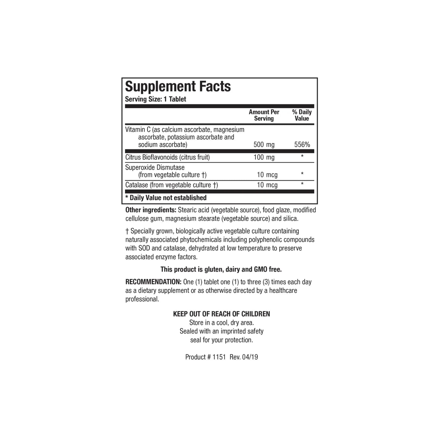 Close up of the Bio C Plus supplement facts label detailing the mineral ascorbates citrus bioflavonoids superoxide dismutase and catalase