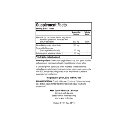 Close up of the Bio C Plus supplement facts label detailing the mineral ascorbates citrus bioflavonoids superoxide dismutase and catalase