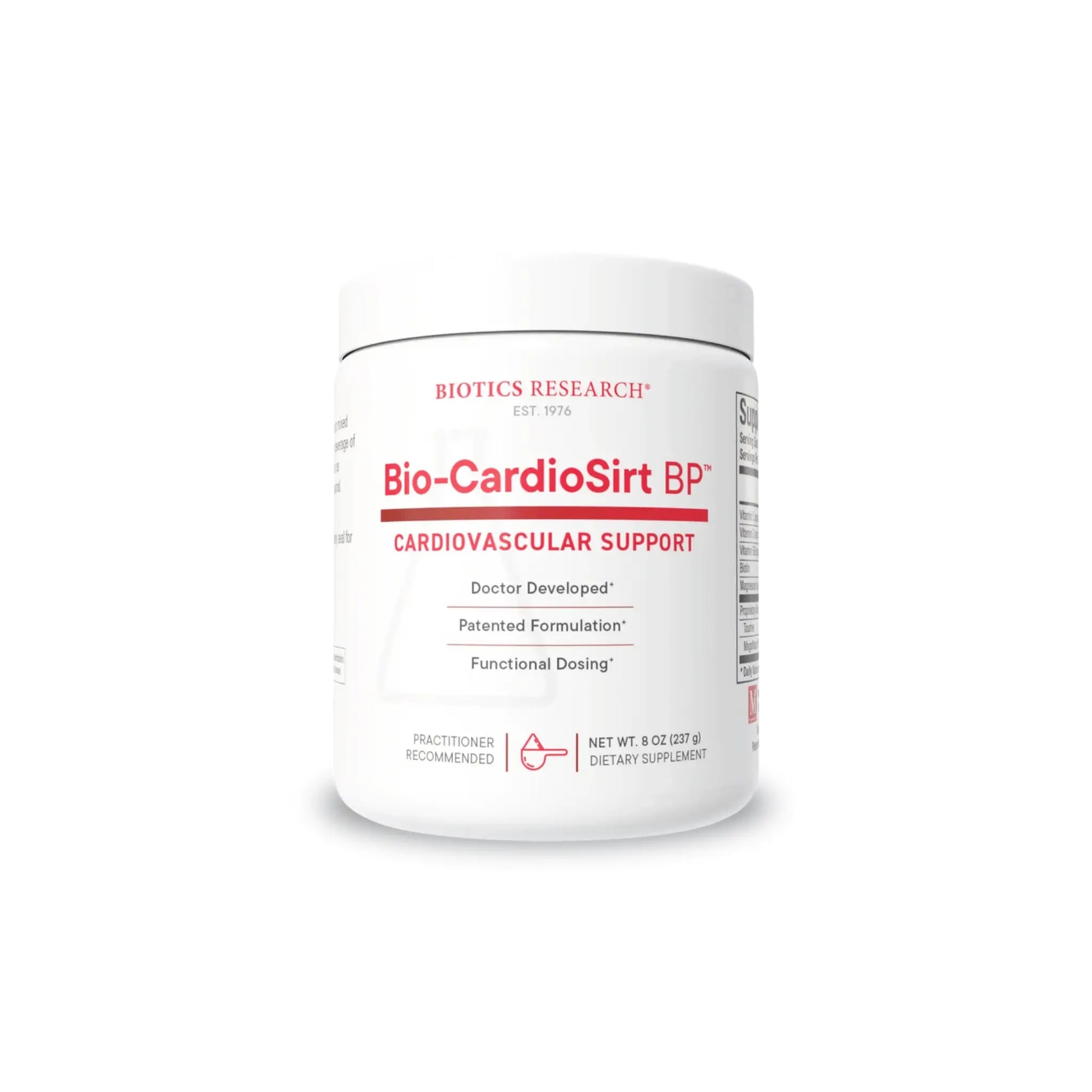 Front view of the Biotics Research Bio CardioSirt BP tub showcasing the targeted cardiovascular blood pressure support powder