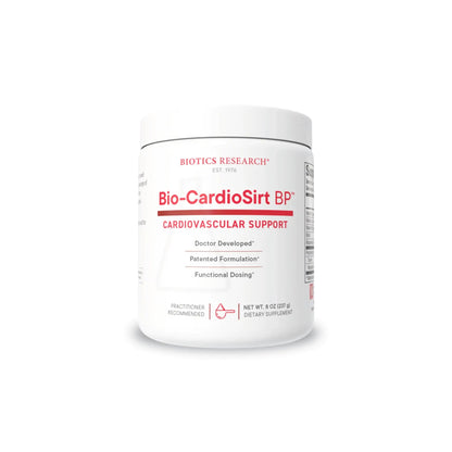 Front view of the Biotics Research Bio CardioSirt BP tub showcasing the targeted cardiovascular blood pressure support powder