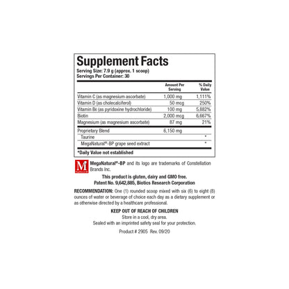 Close up of the Bio CardioSirt BP supplement facts label detailing the seven key micronutrients including MegaNatural BP grape seed extract taurine and magnesium