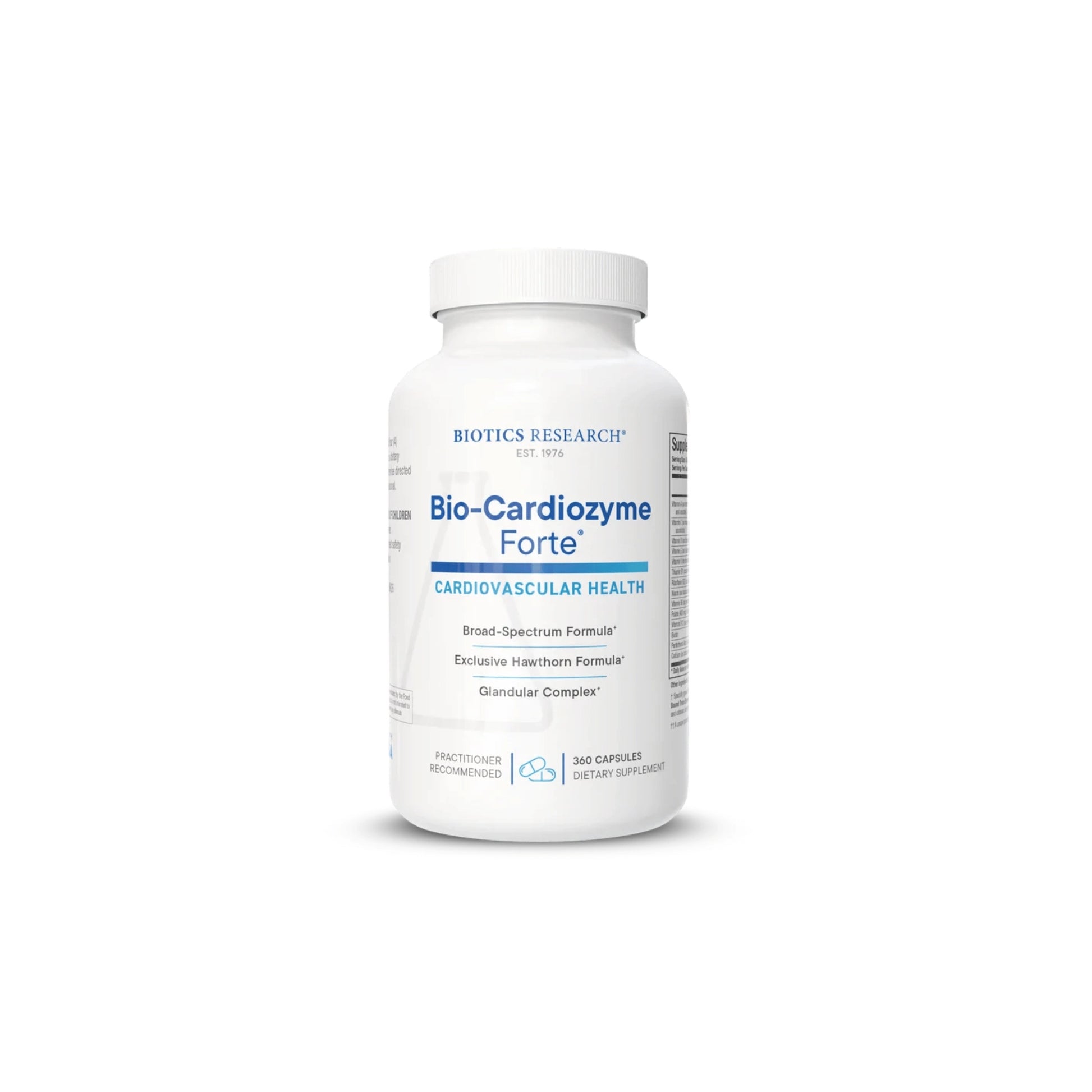 Front view of the Biotics Research Bio Cardiozyme Forte bottle showcasing the targeted cardiovascular tissue and nutrient support formula