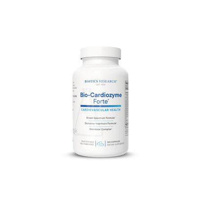 Front view of the Biotics Research Bio Cardiozyme Forte bottle showcasing the targeted cardiovascular tissue and nutrient support formula