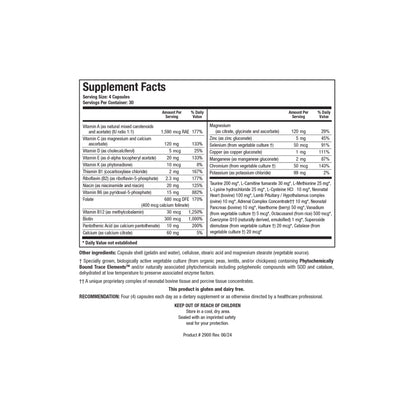 Close up of the Bio Cardiozyme Forte supplement facts label detailing the vitamins minerals amino acids hawthorn berry extract and bovine glandular concentrates