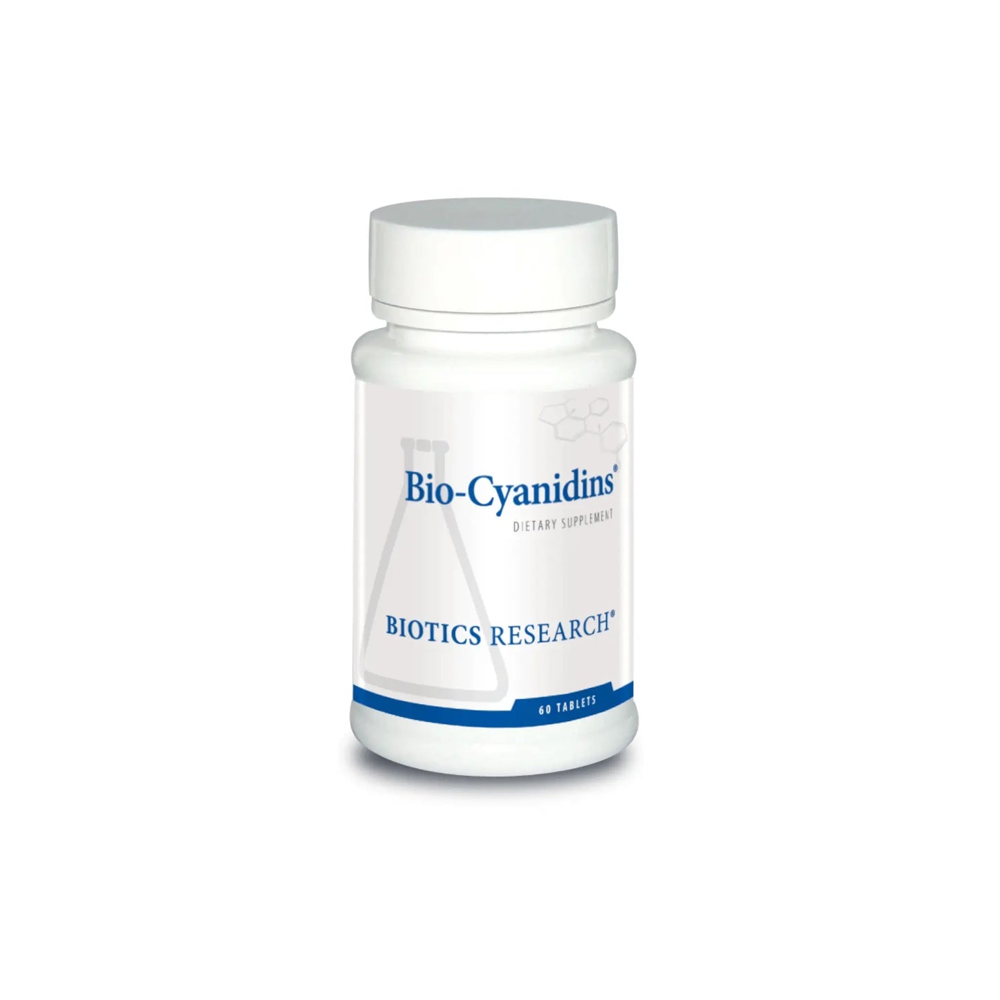 Front view of the Biotics Research Bio Cyanidins bottle highlighting the potent proanthocyanidins vascular and antioxidant blend