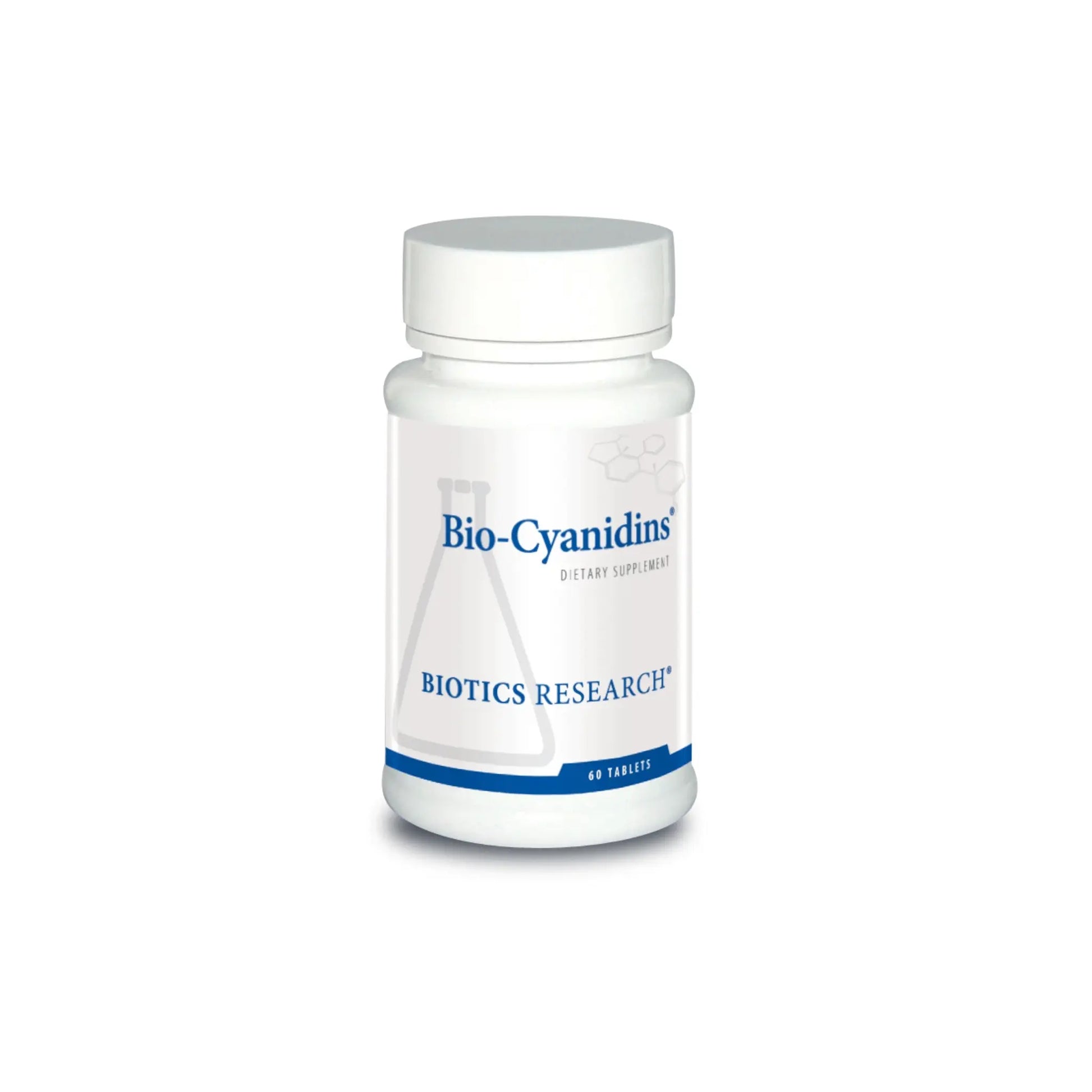 Front view of the Biotics Research Bio Cyanidins bottle highlighting the potent proanthocyanidins vascular and antioxidant blend