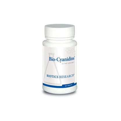 Front view of the Biotics Research Bio Cyanidins bottle highlighting the potent proanthocyanidins vascular and antioxidant blend