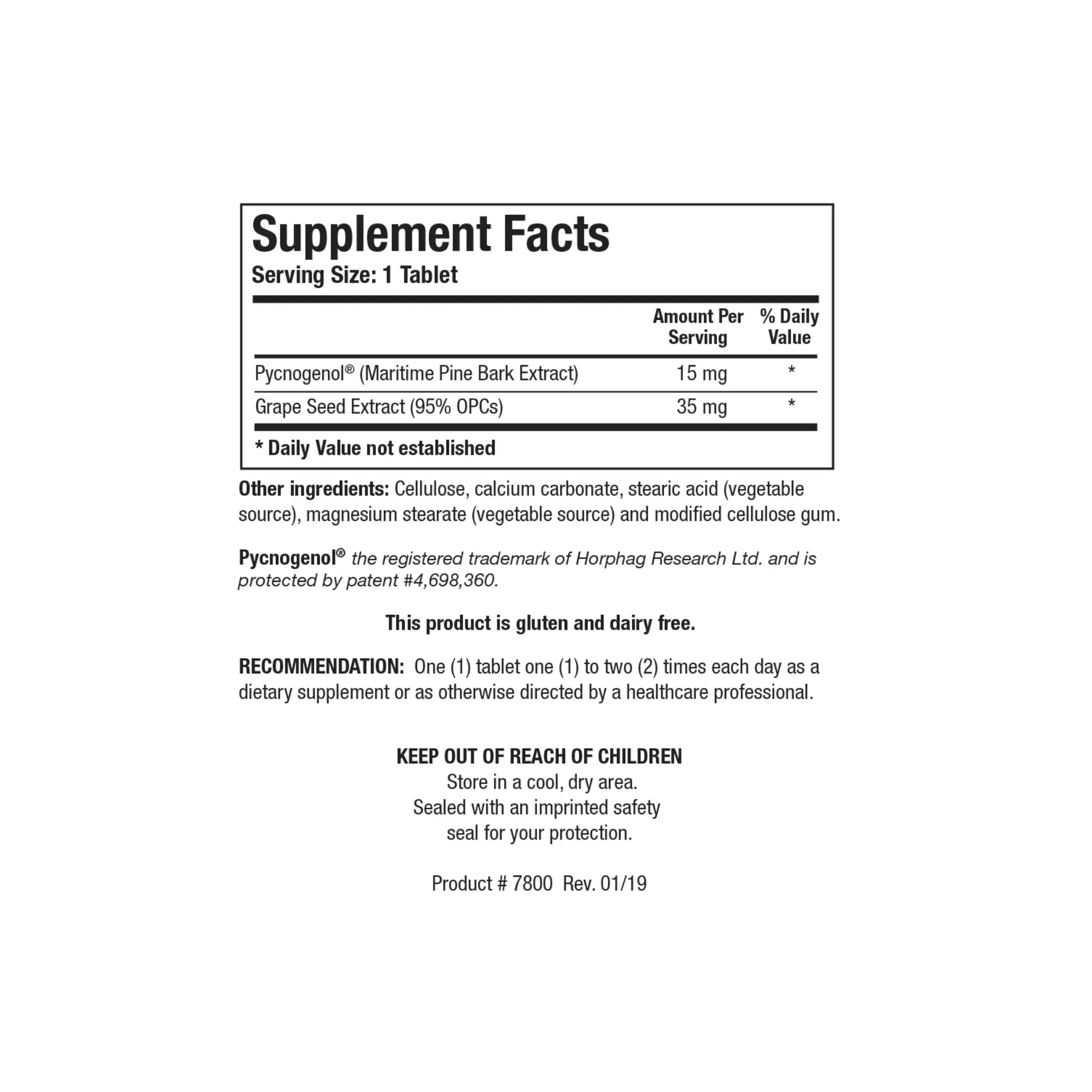 Close up of the Bio Cyanidins supplement facts label detailing the pine bark extract grape seed extract and bilberry extract milligrams