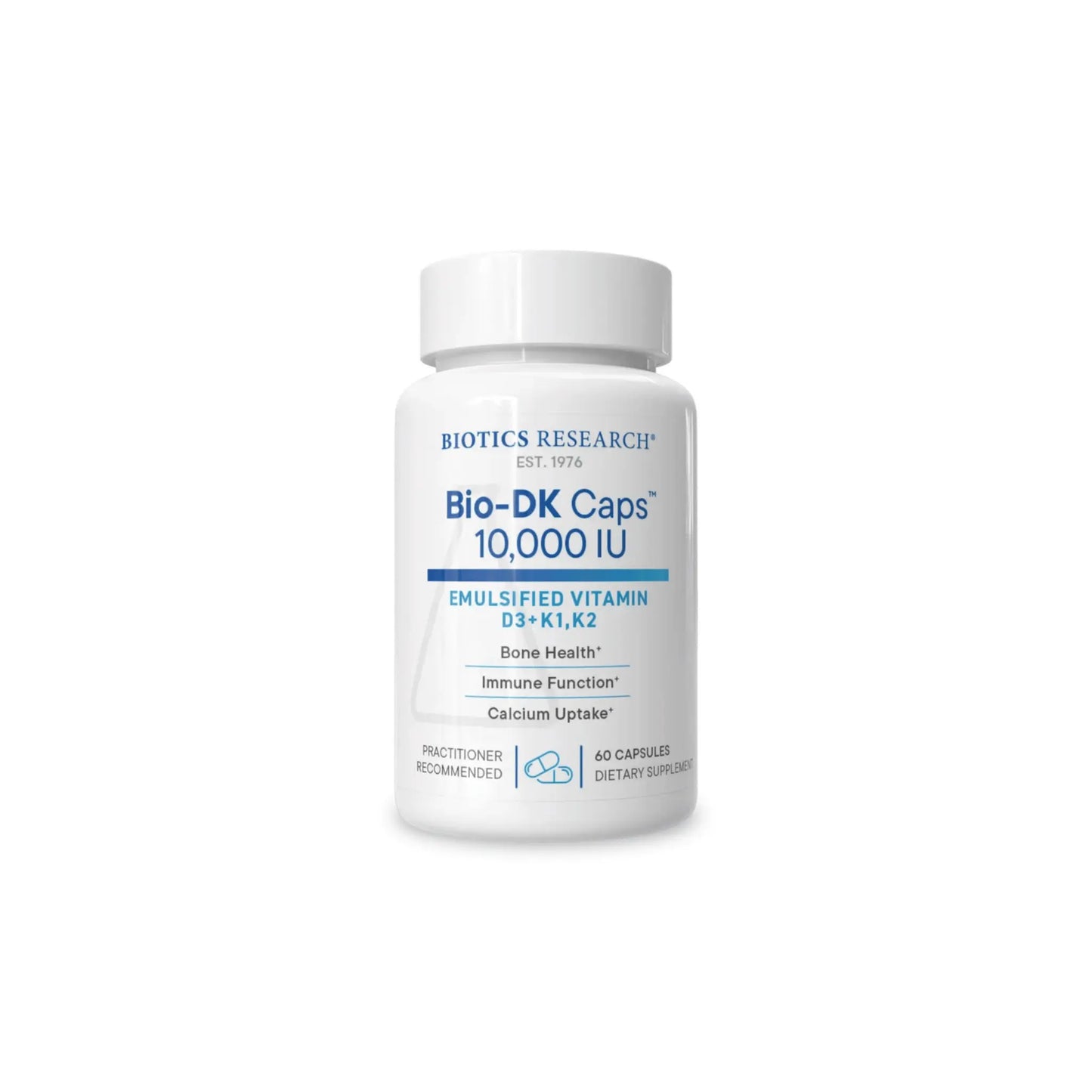 Front view of the Biotics Research Bio DK Caps 10000 IU bottle featuring the high potency vitamin D3 and vitamin K blend formula