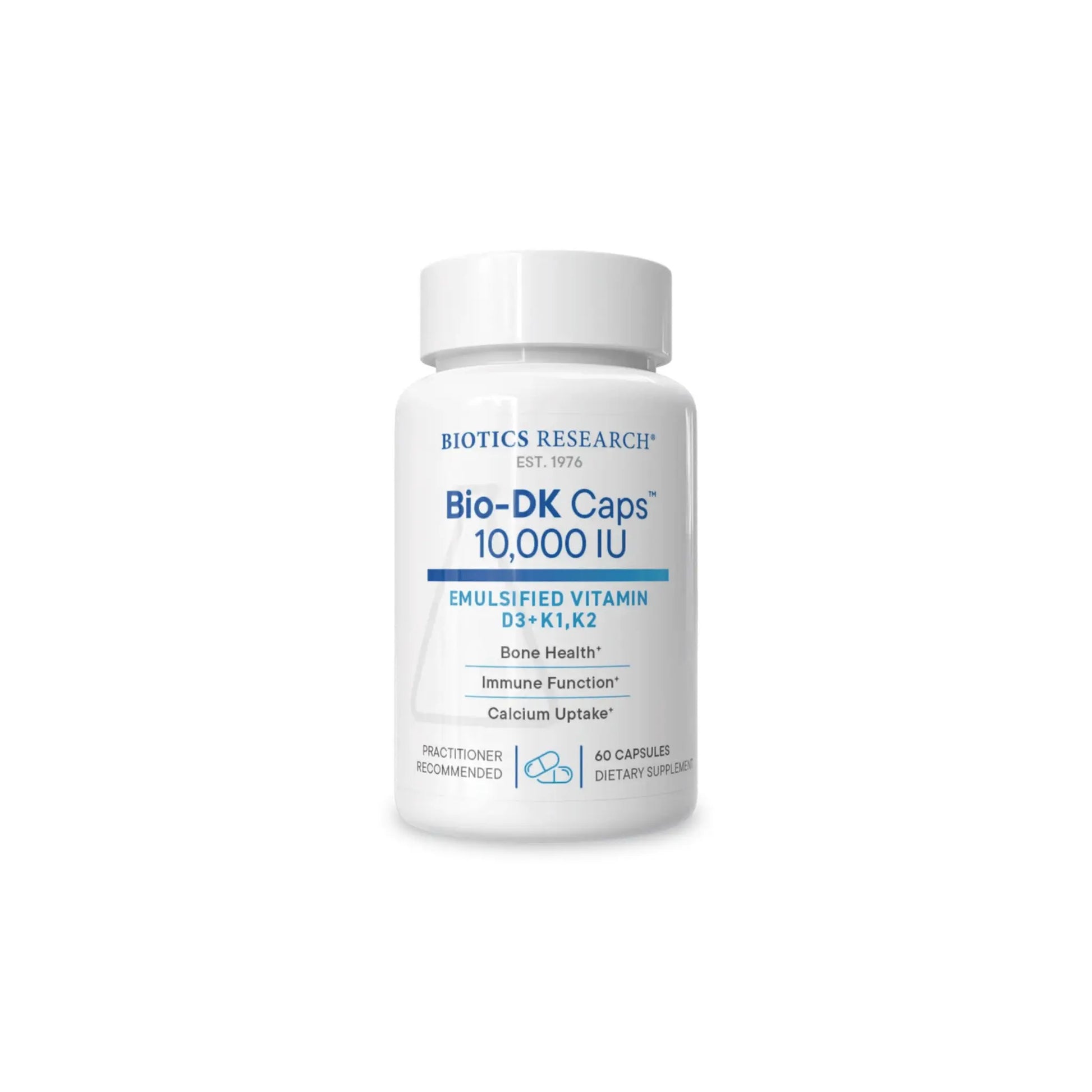 Front view of the Biotics Research Bio DK Caps 10000 IU bottle featuring the high potency vitamin D3 and vitamin K blend formula