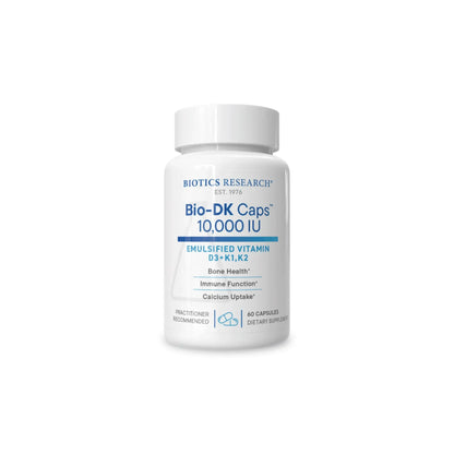 Front view of the Biotics Research Bio DK Caps 10000 IU bottle featuring the high potency vitamin D3 and vitamin K blend formula