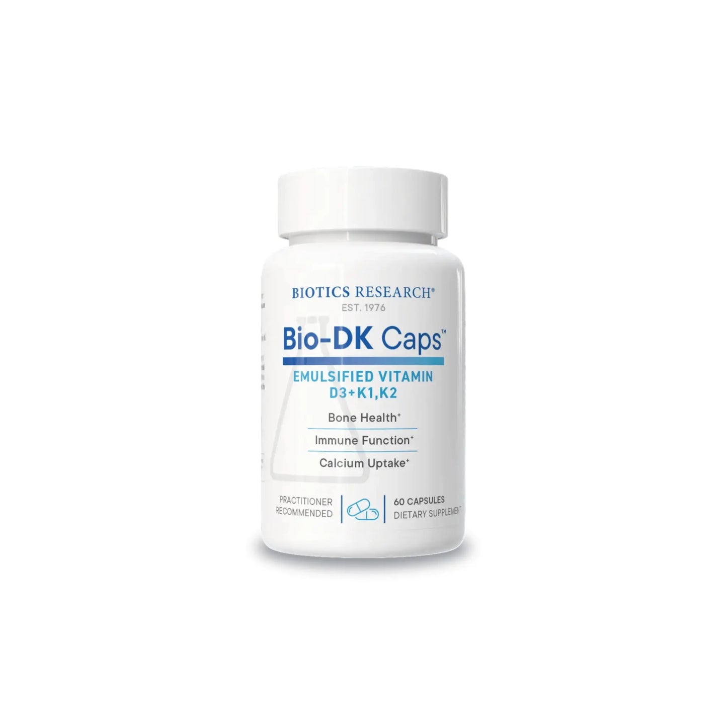 Front view of the Biotics Research Bio DK Caps bottle featuring the synergistic vitamin D3 and vitamin K blend formula