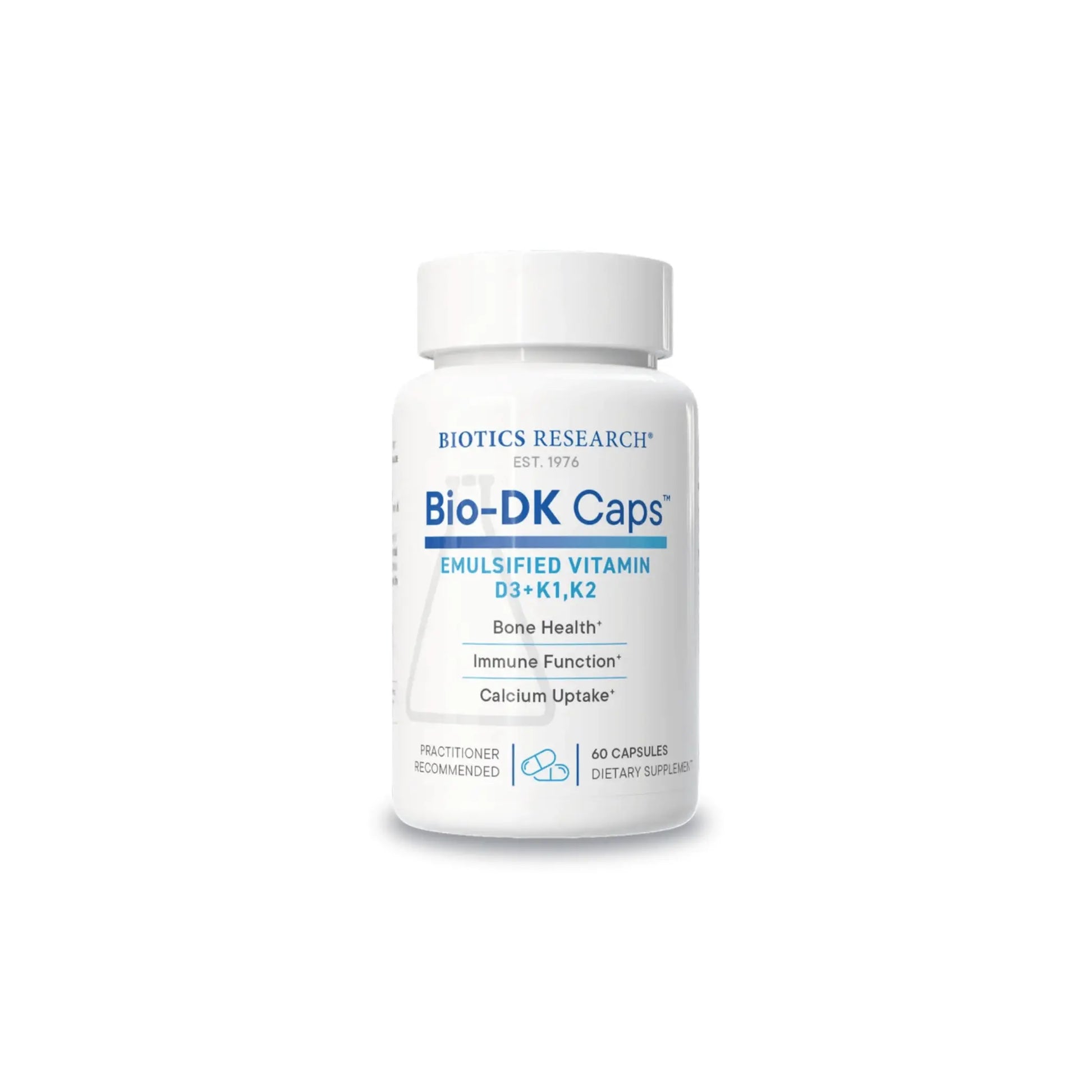 Front view of the Biotics Research Bio DK Caps bottle featuring the synergistic vitamin D3 and vitamin K blend formula