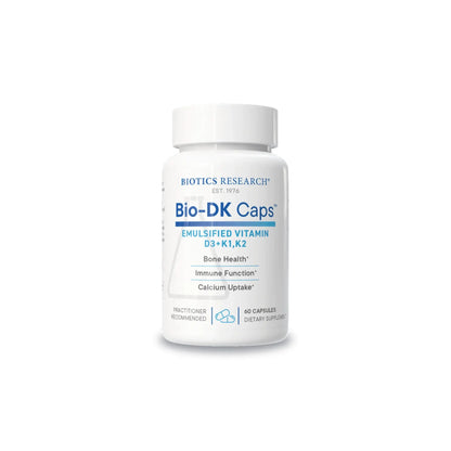 Front view of the Biotics Research Bio DK Caps bottle featuring the synergistic vitamin D3 and vitamin K blend formula