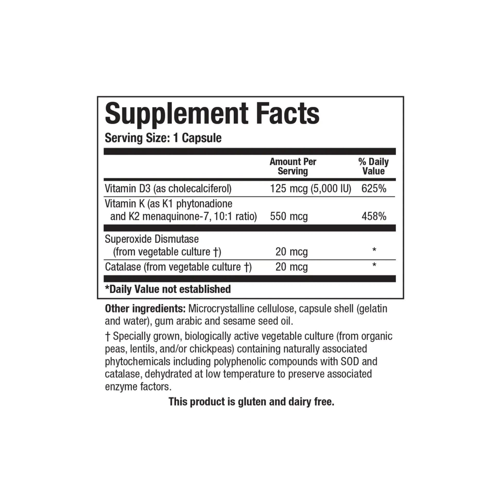 Close up of the Bio DK Caps supplement facts label detailing five thousand IU vitamin D3 alongside vitamin K1 and vitamin K2 as MK7