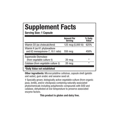 Close up of the Bio DK Caps supplement facts label detailing five thousand IU vitamin D3 alongside vitamin K1 and vitamin K2 as MK7
